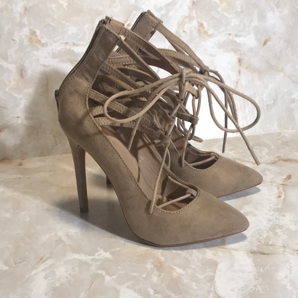 Nude Charlotte Russe Tie Up Heels Zip Lace Size